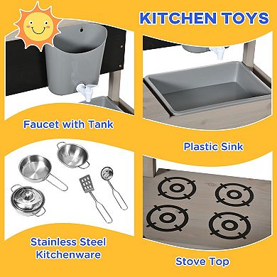 Outsunny Kids Wooden Sandbox With Canopy, Kitchen Toys, Seat, For Outdoor