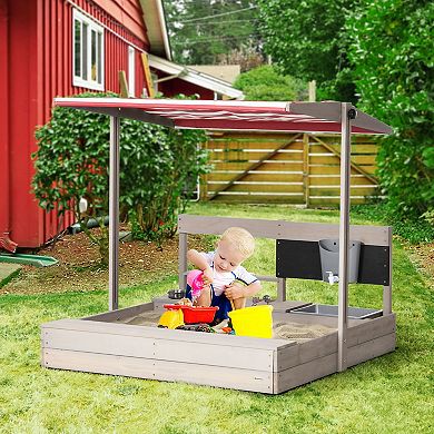 Outsunny Kids Wooden Sandbox With Canopy, Kitchen Toys, Seat, For Outdoor