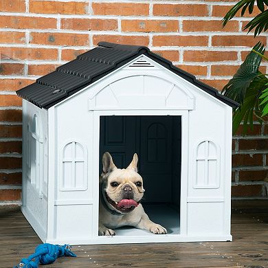 Plastic Dog House For Medium Dogs, Puppy Shelter Kennel W/ Door Opening, Gray