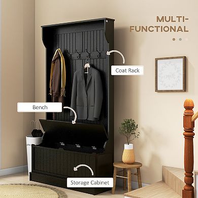 Wooden Hallway Coat Rack With Five Steel Hooks And Hinge Storage Sitting Area