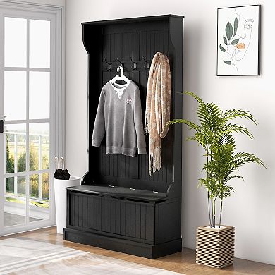 Wooden Hallway Coat Rack With Five Steel Hooks And Hinge Storage Sitting Area