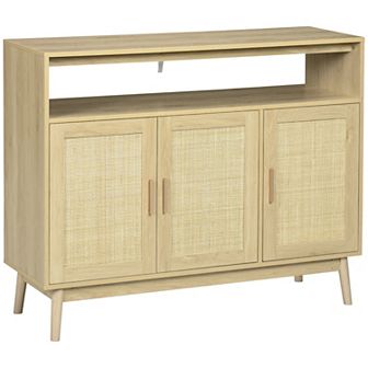 Kitchen Sideboard Boho Buffet Cabinet With 3 Rattan Doors And Adjustable Shelf