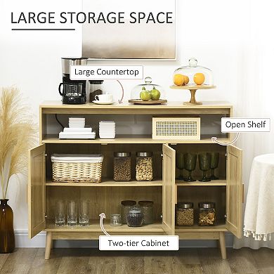 Kitchen Sideboard Boho Buffet Cabinet With 3 Rattan Doors And Adjustable Shelf