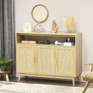 Kitchen Sideboard Boho Buffet Cabinet With 3 Rattan Doors And Adjustable Shelf