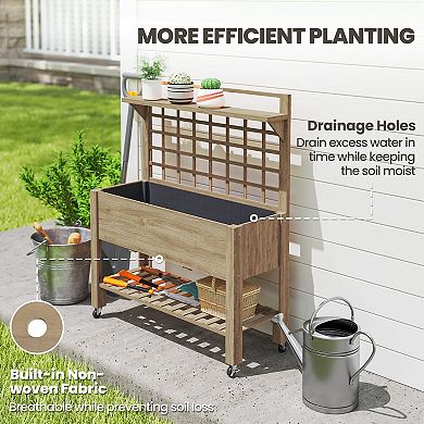 Outsunny 41inch Raised Garden Bed with Wheels, Trellis, Storage Shelves