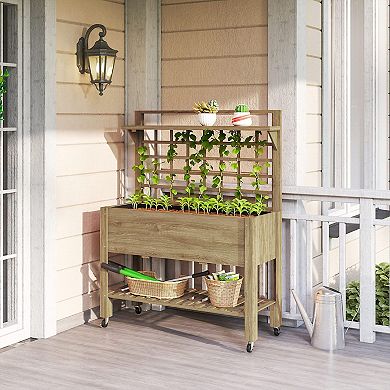 Outsunny 41inch Raised Garden Bed with Wheels, Trellis, Storage Shelves