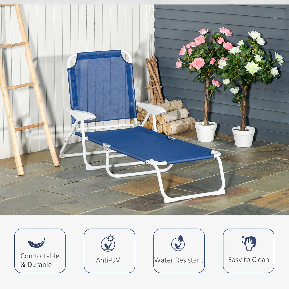 Gray adjustable folding chaise lounge with 4-position backrest