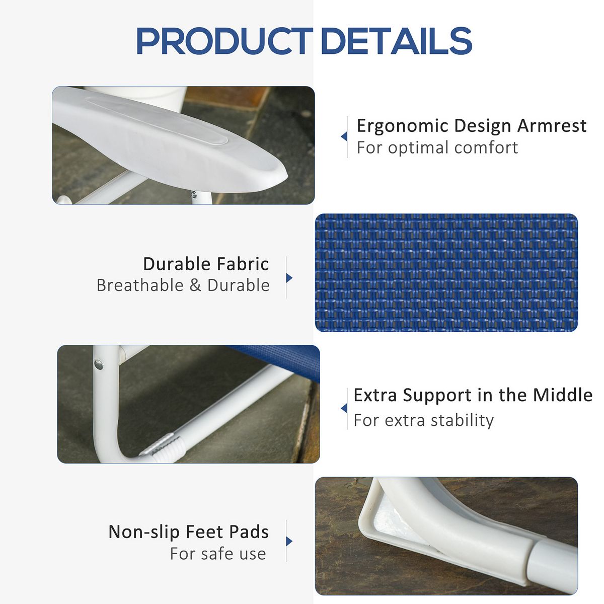 Product details: gray folding chaise lounge with textilene fabric and non-slip pads