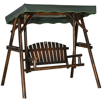 2-person Patio Swing Chair Hanging Wooden Porch Bench W/ Adjustable Canopy