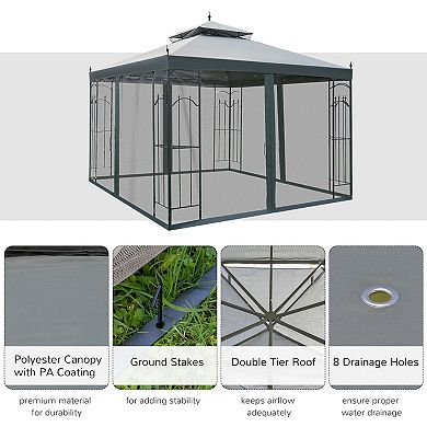 Gazebo 10' X 10' Steel Outdoor Garden Gazebo With Mesh Curtains - Grey