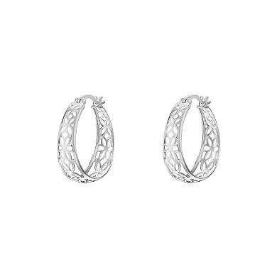 PRIMROSE Silver Tone Polished Flower Filigree Hoop Earrings