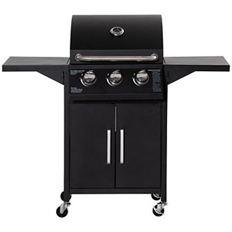 Outdoor 3 Burner Gas Grill Bbq Trolley W/ Warming Rack, Side Shelf, Black