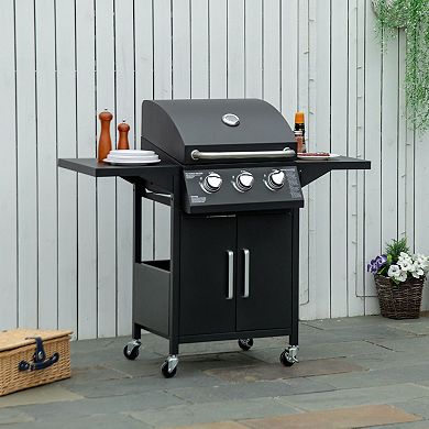 Outdoor 3 Burner Gas Grill Bbq Trolley W/ Warming Rack, Side Shelf, Black