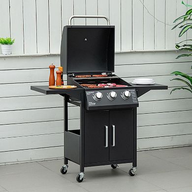 Outdoor 3 Burner Gas Grill Bbq Trolley W/ Warming Rack, Side Shelf, Black