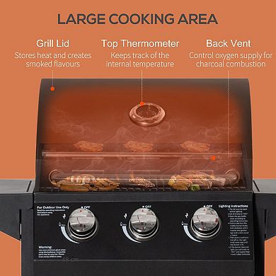 Outsunny 3 Burner Gas Grill w/ Wheels, Storage Shelves, Thermometer