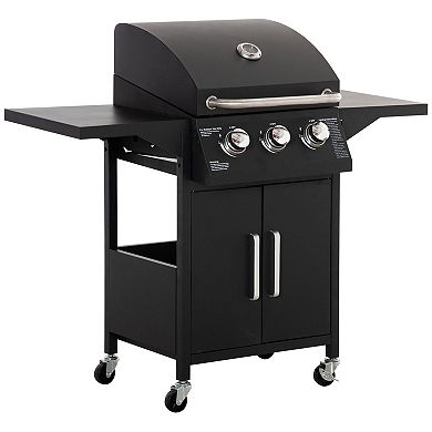 Outdoor 3 Burner Gas Grill Bbq Trolley W/ Warming Rack, Side Shelf, Black