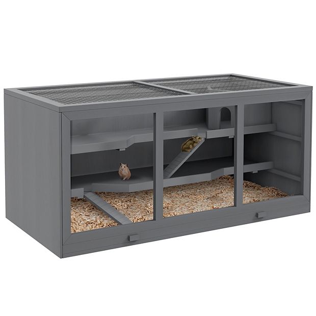 PawHut Large Wooden Hamster Cage w Hut Small Animal Habitat Gray Size 45.25 x 22.5 x 21.75