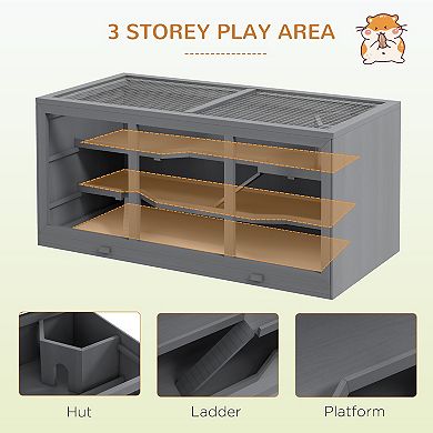 Pawhut Large Wooden Hamster Cage W/ Hut, Small Animal Habitat, Gray