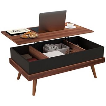 Homcom Lift Top Coffee Table With Hidden Compartments And Wood Legs, Walnut