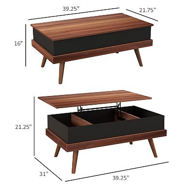 Homcom Lift Top Coffee Table With Hidden Compartments And Wood Legs, Walnut