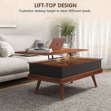 Homcom Lift Top Coffee Table With Hidden Compartments And Wood Legs, Walnut
