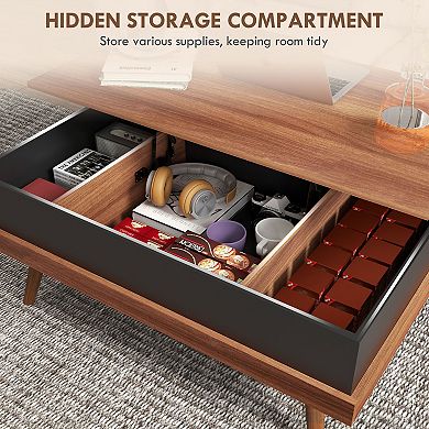 Homcom Lift Top Coffee Table With Hidden Compartments And Wood Legs, Walnut