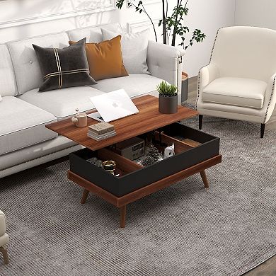 Homcom Lift Top Coffee Table With Hidden Compartments And Wood Legs, Walnut