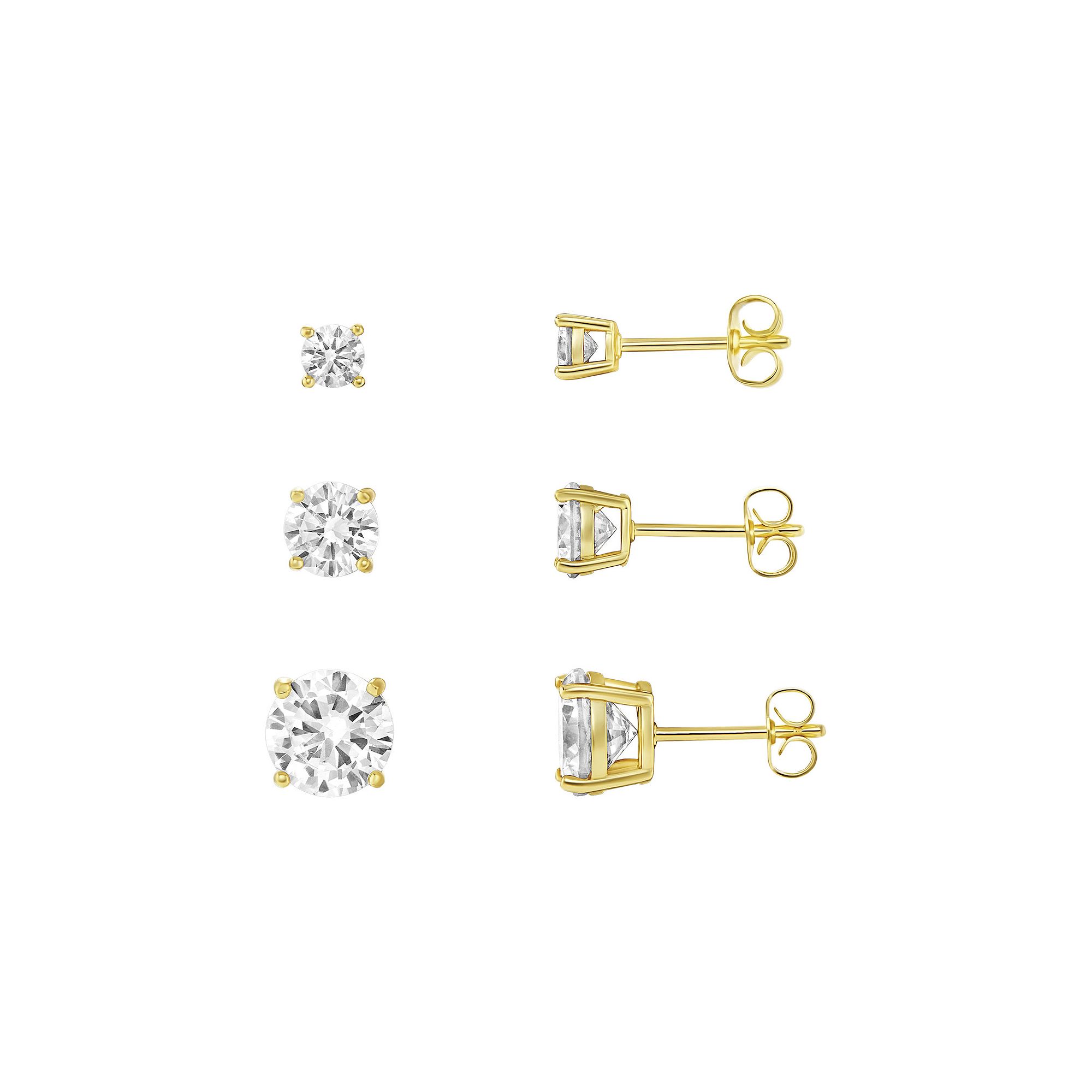 PRIMROSE 3-Pair Cubic Zirconia Stud Earring Set, Womens, Gold Tone