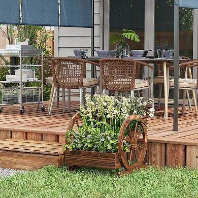 Outsunny Wooden Wagon Planter Box, Decorative 3-Tier Stair Step Garden Bed