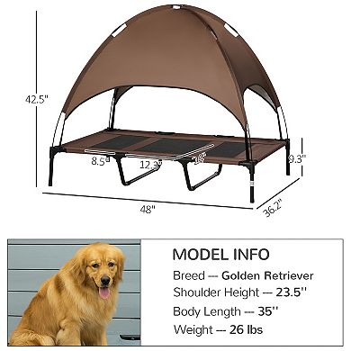 Elevated Portable Dog Cot With Uv Protection Canopy Shade, Coffee