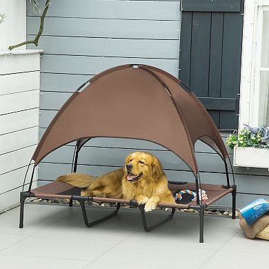 Elevated Portable Dog Cot With Uv Protection Canopy Shade, Coffee