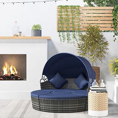 Outdoor Convertible Daybed, 4pc Furniture Set, Sofa, Coffee Table, Chairs, Blue