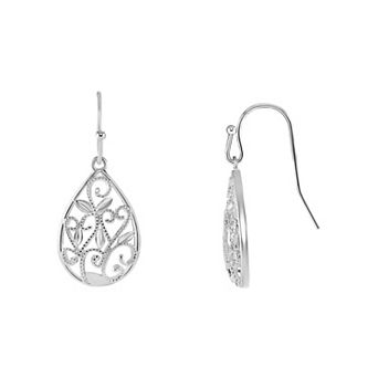 PRIMROSE Silver Tone Diamond Cut Filigree Teardrop Earrings