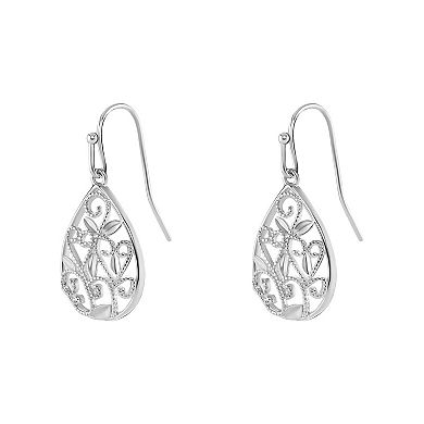 PRIMROSE Silver Tone Diamond Cut Filigree Teardrop Earrings