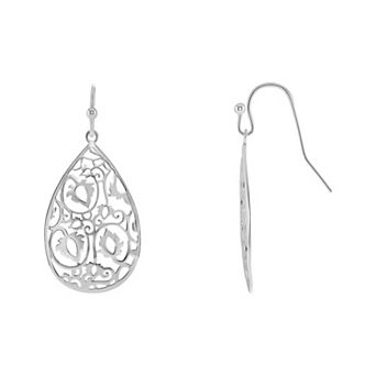 PRIMROSE Silver Tone Polished Cut Out Teardrop Filigree Earrings
