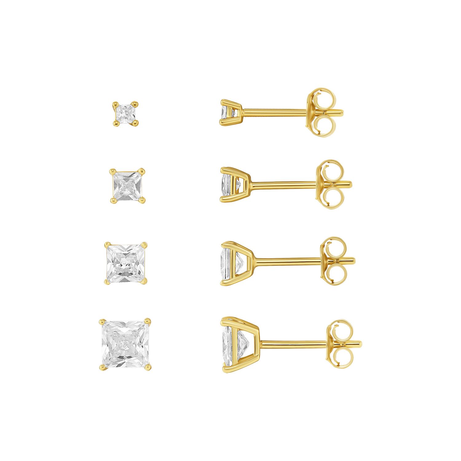 PRIMROSE 4-Pair Cubic Zirconia Square Stud Earring Set - Gold Tone