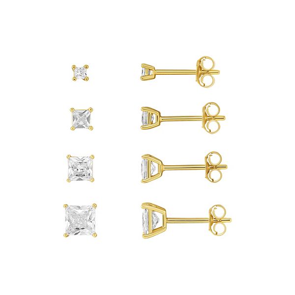 PRIMROSE 4-Pair Cubic Zirconia Square Stud Earring Set - Gold Tone