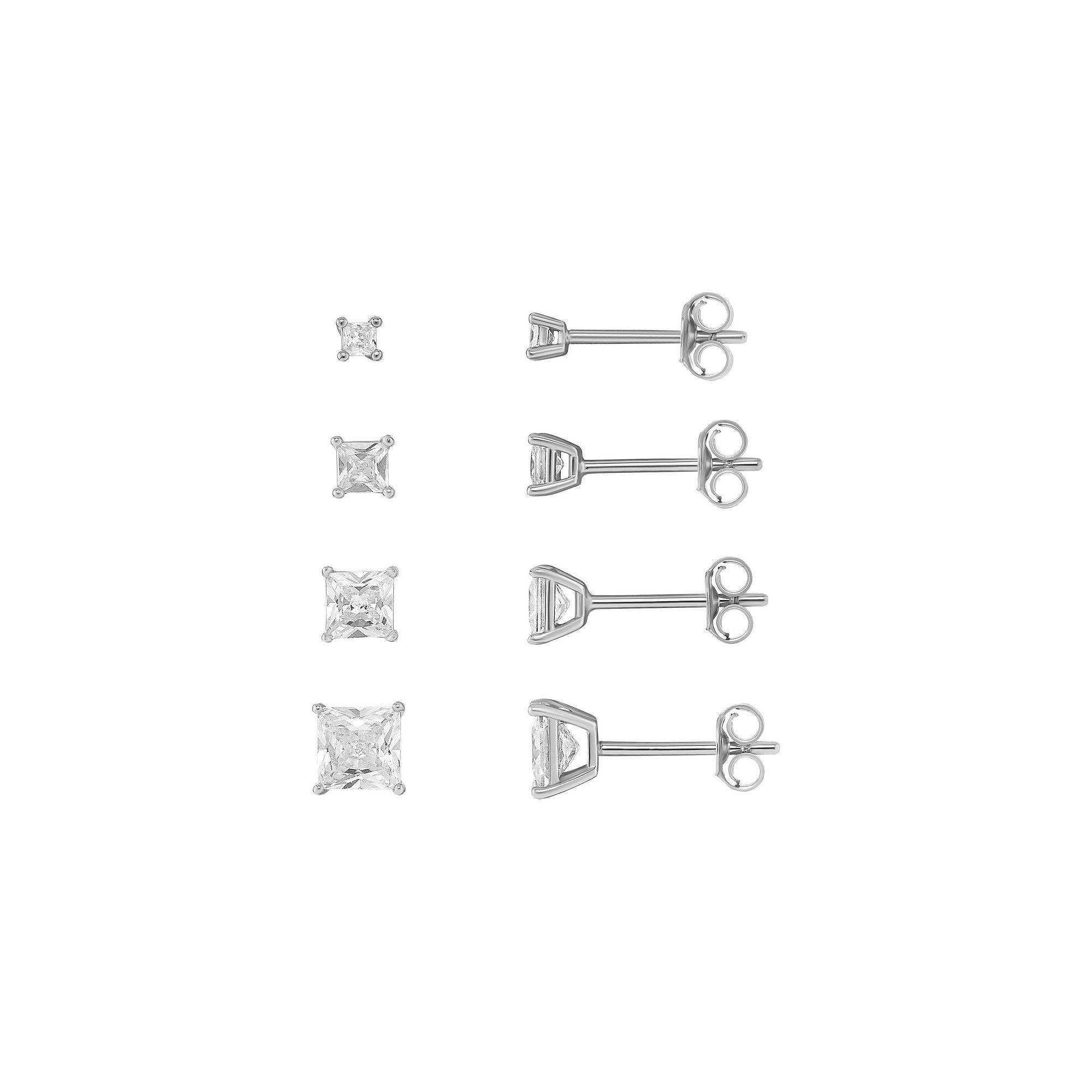 PRIMROSE 4-Pair Cubic Zirconia Square Stud Earring Set, Womens, Silver Ton