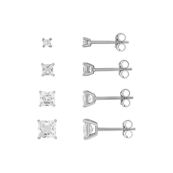 PRIMROSE 4-Pair Cubic Zirconia Square Stud Earring Set - Silver Tone