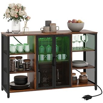 Homcom Led Wine Cabinet With Charging Station Glass Holders, Rustic Brown