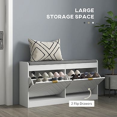 Homcom Shoe Bench With 2 Flip Drawers, Cushion, 8 Pairs For Entryway White