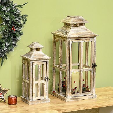 2 Pack 28"/20" Rustic Wooden Lantern Decorative Home Decor, Natural Wood