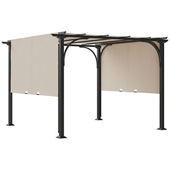 10' Outdoor Pergola Gazebo Retractable Side Canopy W/ Steel Frame, Beige