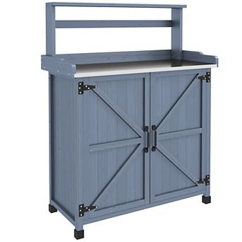 Potting Bench With Storage Cabinet, Shelf For Backyard, Gray