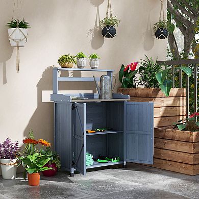 Potting Bench With Storage Cabinet, Shelf For Backyard, Gray