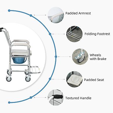 HOMCOM Shower Commode Wheelchair, Padded Seat, 330 lbs.