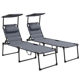 2 pc Adjustable Folding Chaise Lounge With Sun Roof For Outdoor, Gray