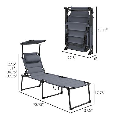 2 Pcs Adjustable Folding Chaise Lounge With Sun Roof For Outdoor, Gray