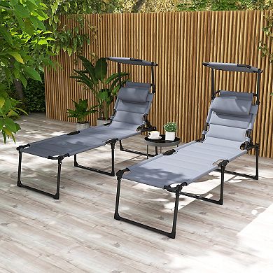 2 Pcs Adjustable Folding Chaise Lounge With Sun Roof For Outdoor, Gray
