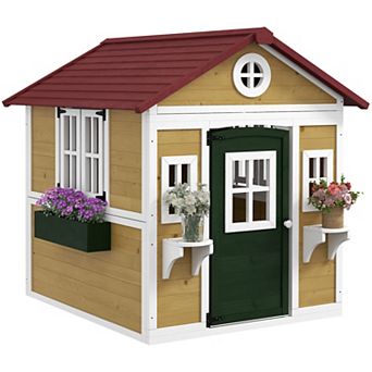 Outsunny Playhouse For Kids With Doors, Windows, Planter Pots And Boxes